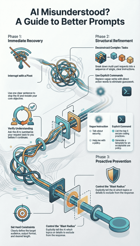 A detailed infographic titled "AI Misunderstood?" outlining three phases for better prompting: Immediate Recovery, Structural Refinement, and Proactive Prevention.