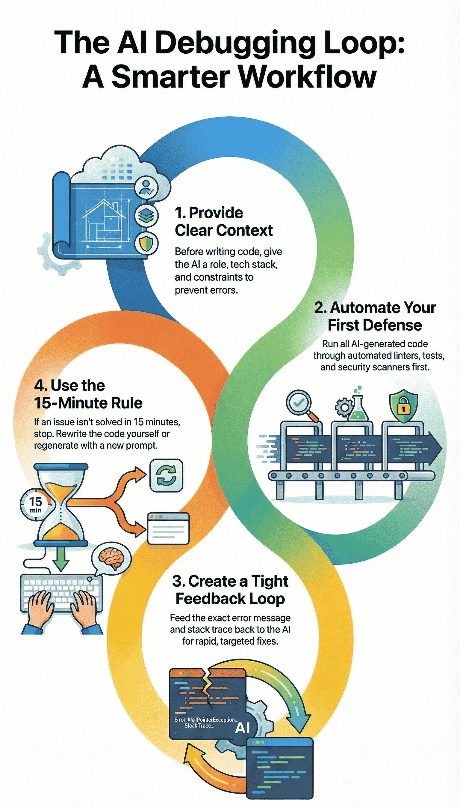 An infographic titled "The AI Debugging Loop" showing a four-step process for a smarter coding workflow.