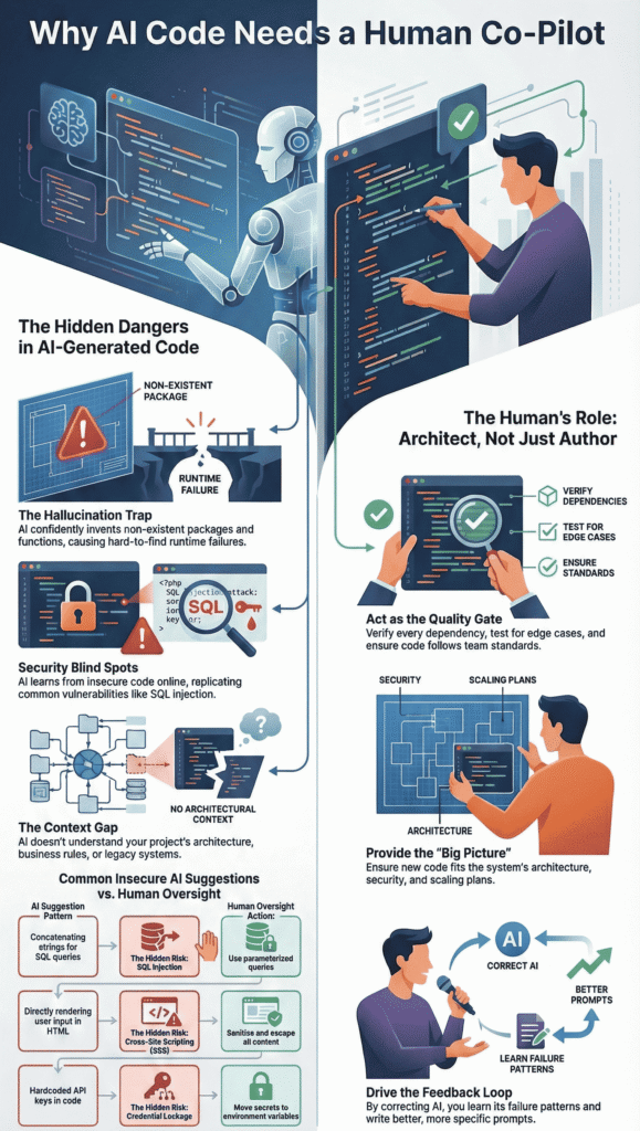 An infographic titled "Why AI Code Needs a Human Co-Pilot" detailing risks like hallucinations and security blind spots.