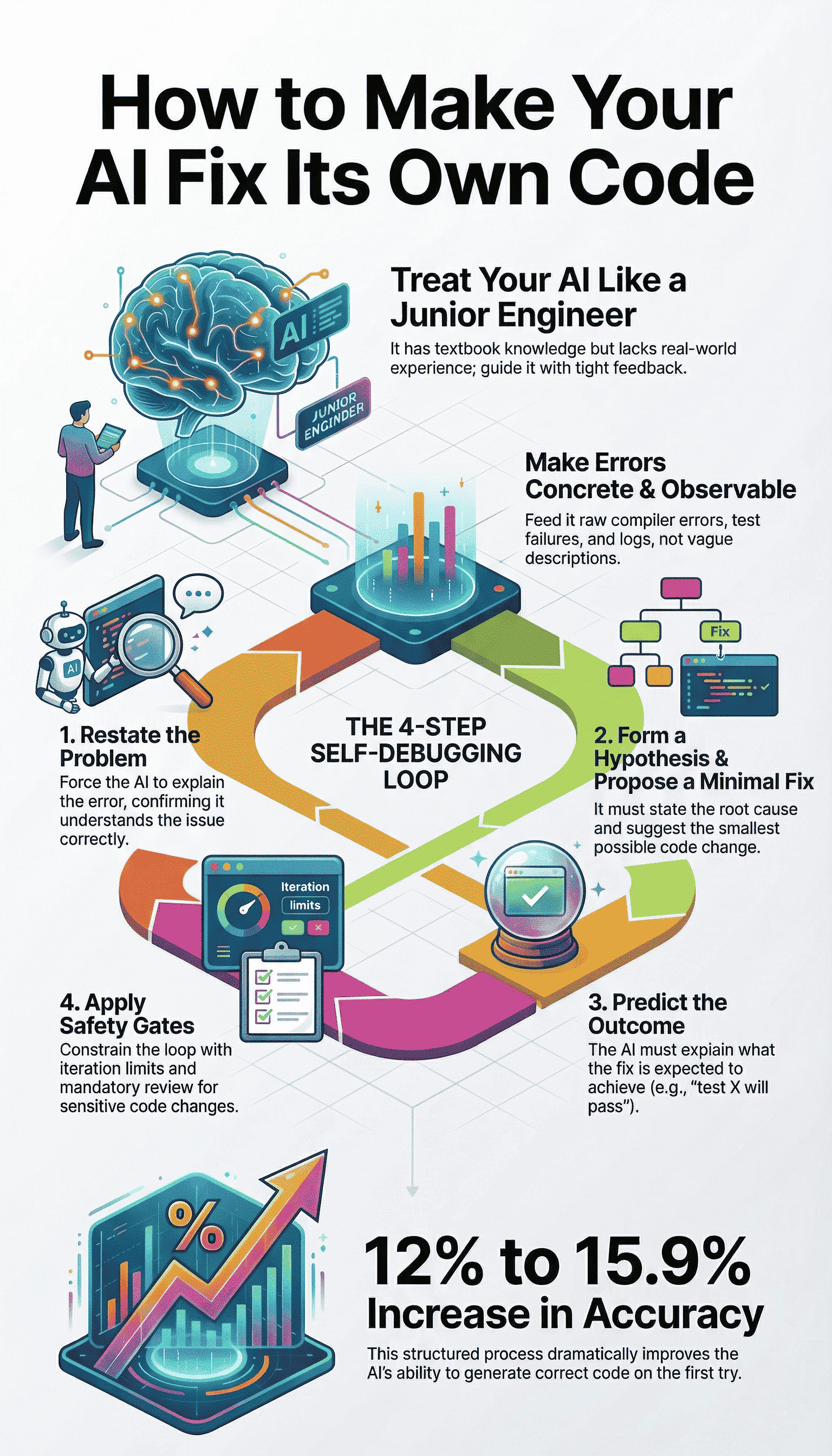 An educational infographic titled "How to Make Your AI Fix Its Own Code," detailing a 4-step self-debugging loop.