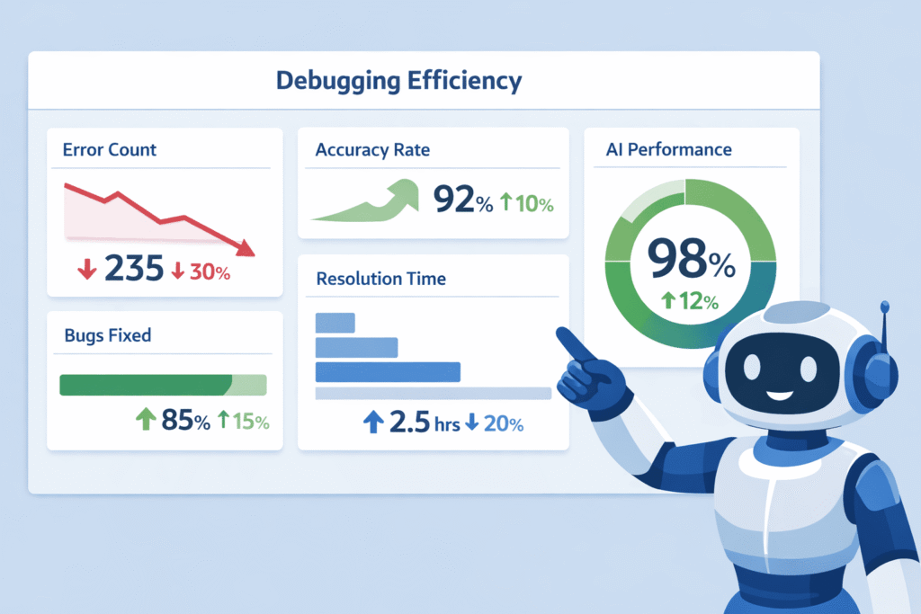 A data dashboard titled "Debugging Efficiency" featuring charts for error count, accuracy rate, and resolution time alongside a friendly blue robot.