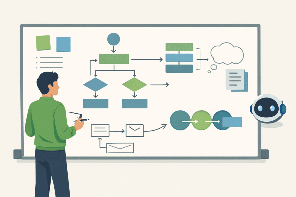 A man standing at a large whiteboard with a complex flow chart, being assisted by a small floating robot.