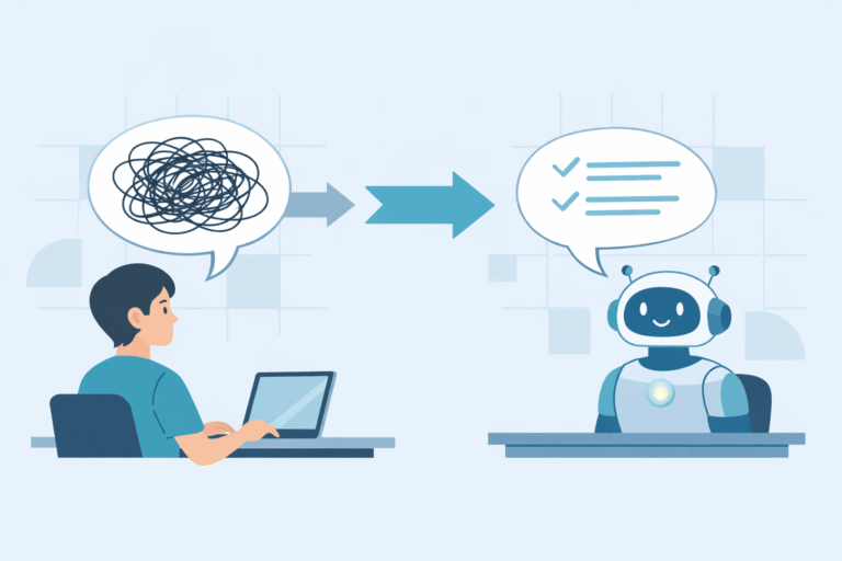 An illustration of a person with a tangled "scribble" thought bubble being transformed into a structured checklist by a friendly robot.