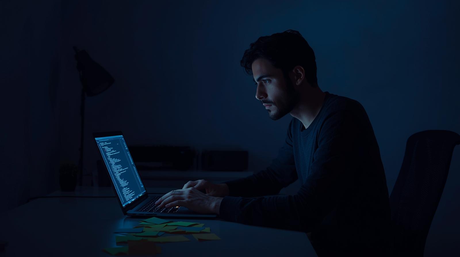 Programmer coding at night illustrating what are the main risks of vibe coding with poor development practices