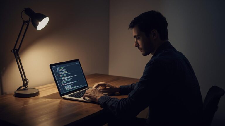 Developer working on laptop at desk with lamp illustrating why some developers prefer traditional coding for precise control