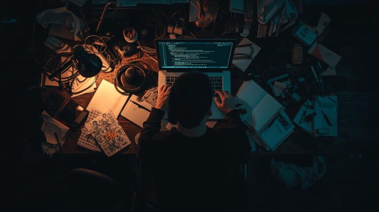 Overhead view of programmer's workspace demonstrating why traditional coding skills are still relevant today