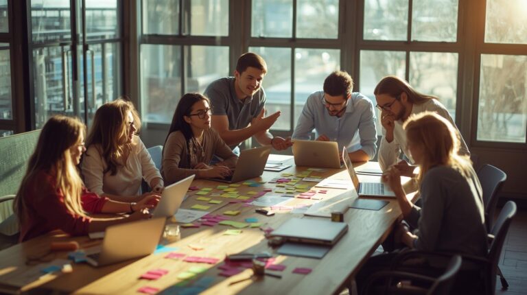 Team collaborating on Advanced Workflows and Strategies planning session with laptops and colorful sticky notes