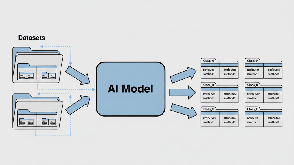 On the left, stacked datasets represented, On the right, the output shows multiple near-identical class structures,