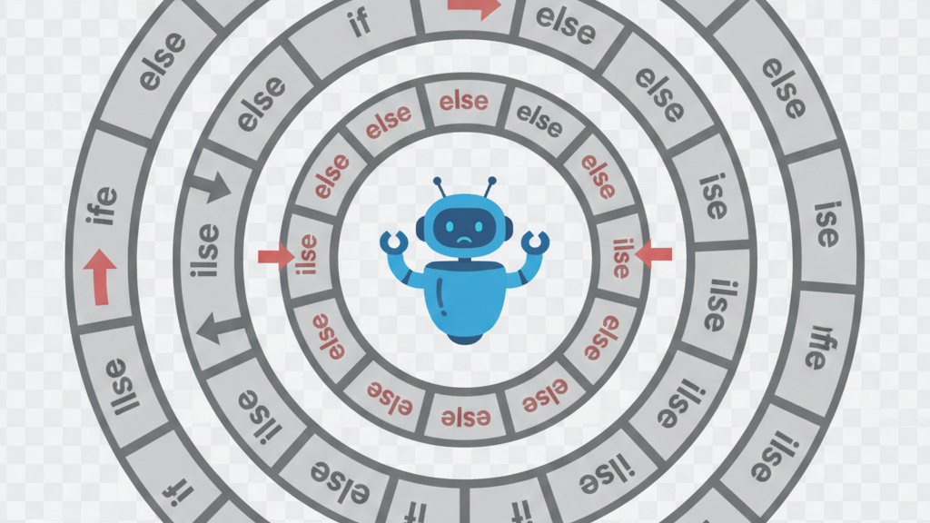 A simplified maze made of labeled “if / else” blocks forming a trap-like structure. 