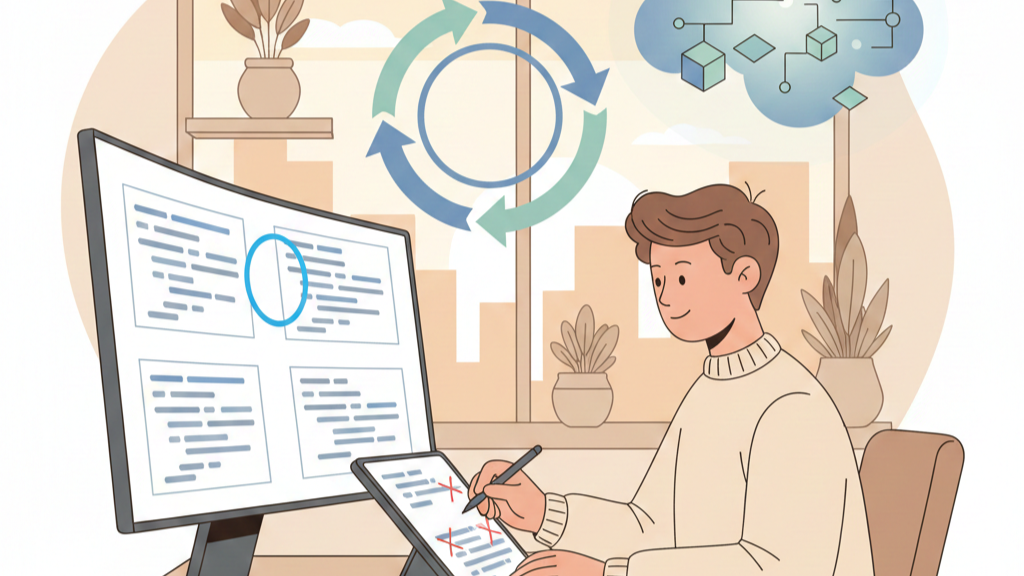 A human developer seated at a desk reviewing code on a screen.