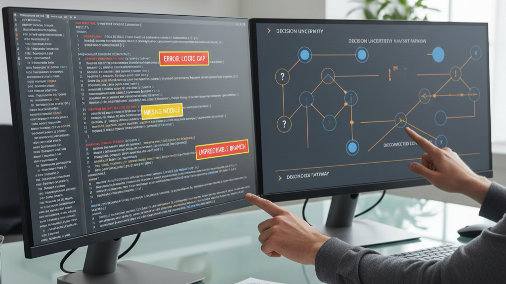  Split-screen computer monitors: left side shows AI-generated code with highlighted logic gaps, right side shows schematic diagrams of AI