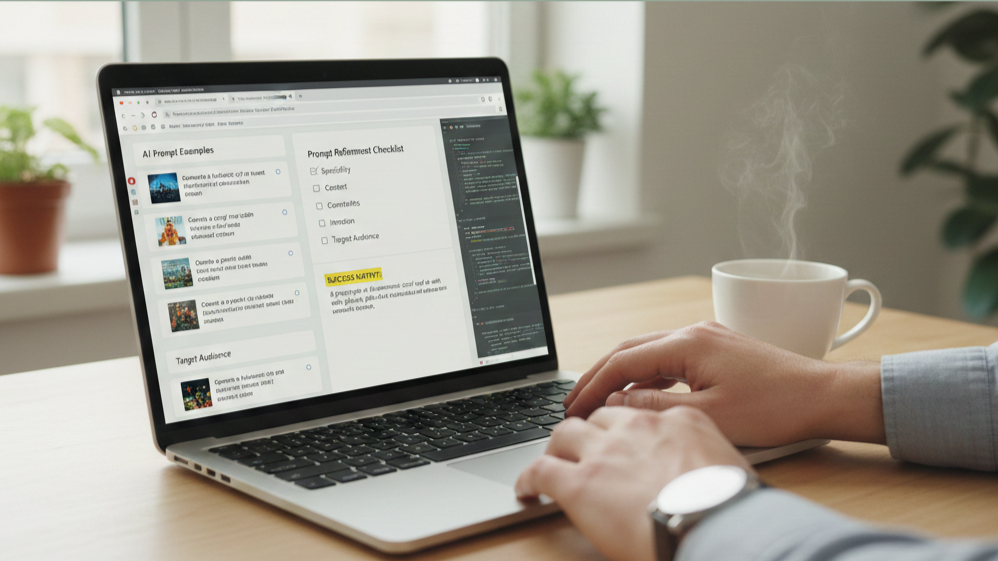 Close-up of a laptop on a desk with multiple tabs open showing AI prompt examples, a checklist for refining prompts