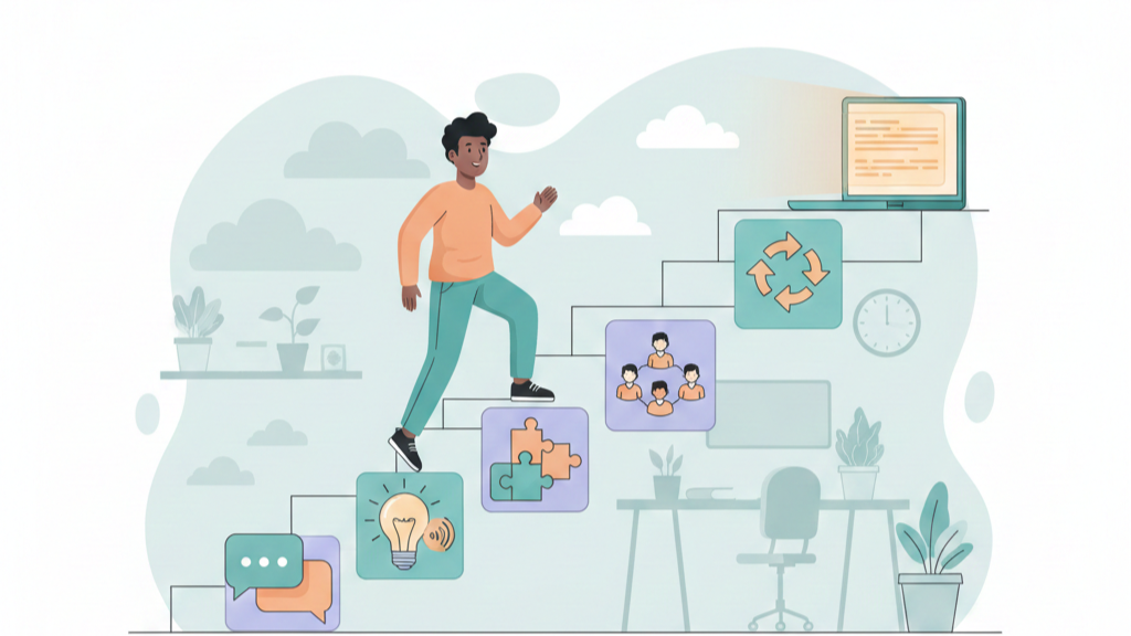 A developer climbing a staircase made of soft skill icons, At the top of the stairs sits a glowing laptop representing technical mastery.