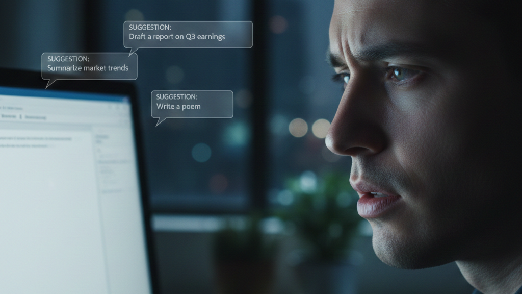 Close-up of a person staring at a computer screen, half their face lit by soft monitor glow, the other half in shadow.