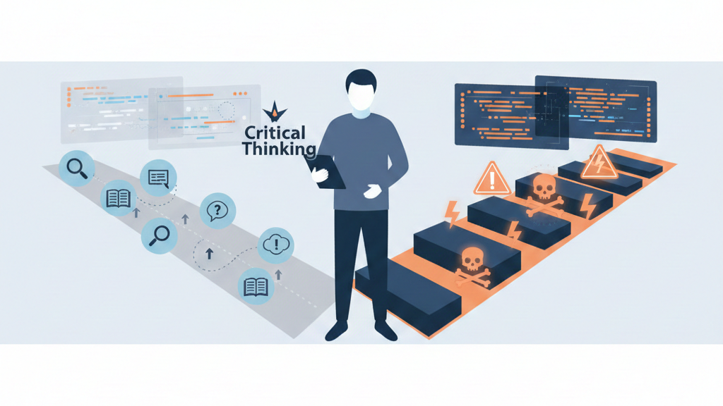 A person stands at a crossroads holding a compass, one path leads through bold, confident AI outputs with warning icons