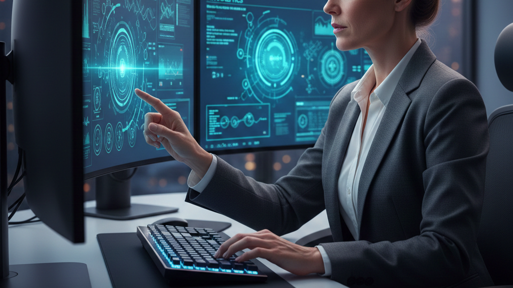 a professional sitting in front of multiple AI screens, looking determined and in control, hand hovering over the keyboard to make decisions.