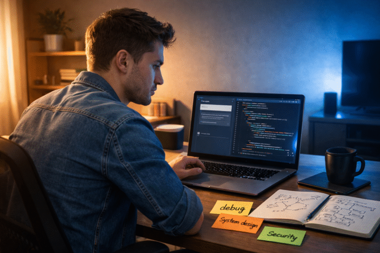 Focused developer with notes and AI screen depicts How Vibe Coding Affects Junior Developer Growth