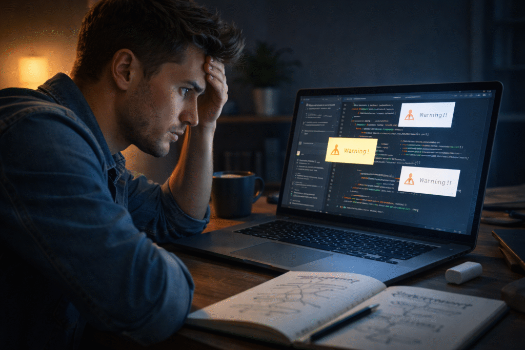 Concerned developer debugging errors illustrating How Vibe Coding Affects Junior Developer Growth