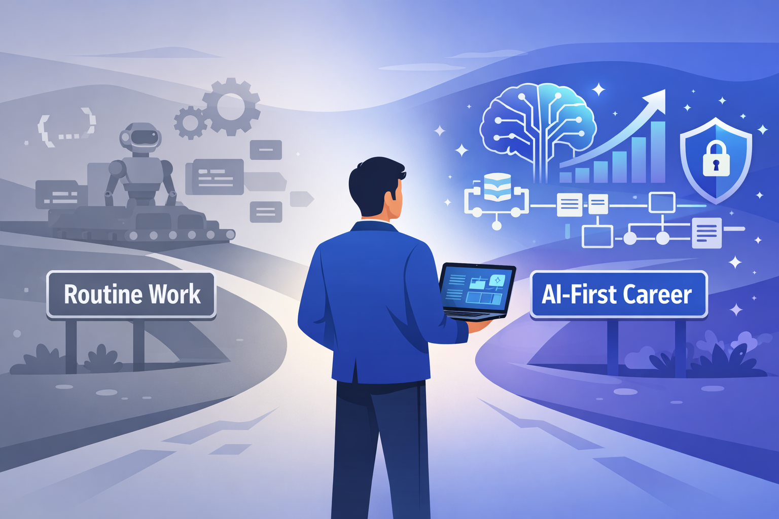 Crossroads visual for How to Adapt Your Career for an AI-First World between routine work and AI growth