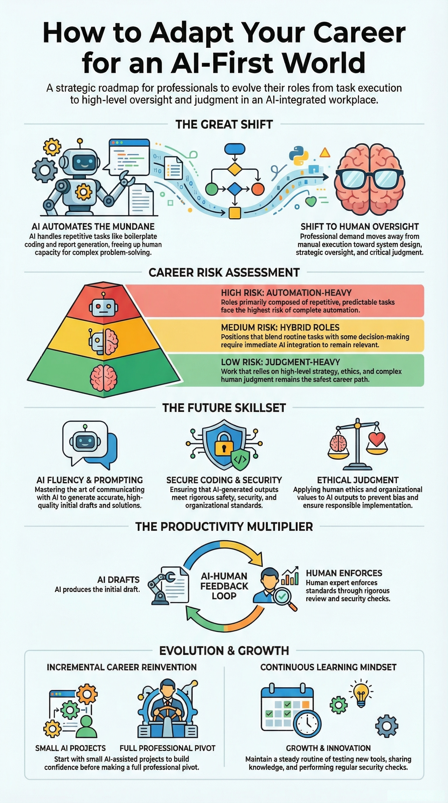 Infographic roadmap for How to Adapt Your Career for an AI-First World with skills and risk tiers