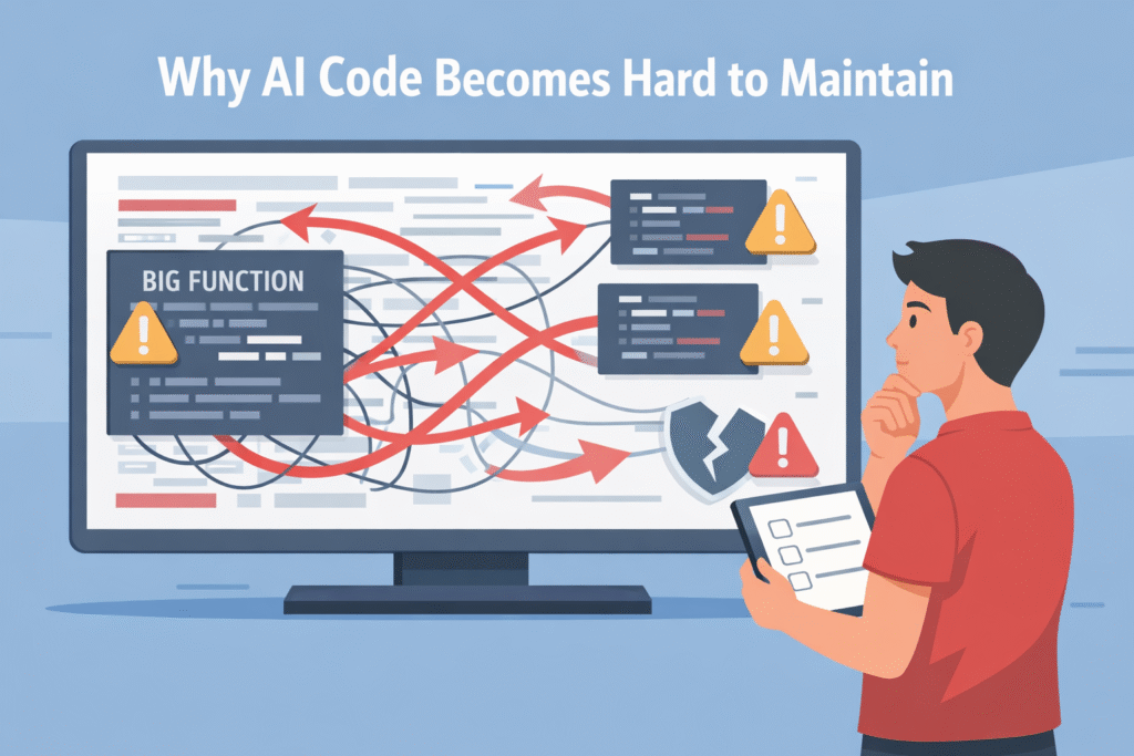 Illustration showing risks that impact How to Ensure AI-Generated Code Is Maintainable in real projects