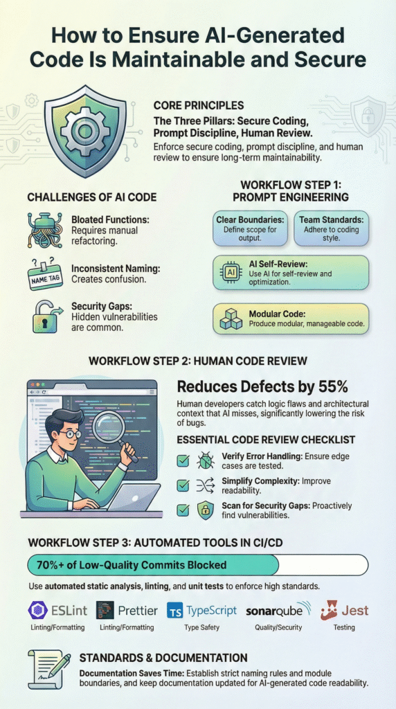 Infographic on how to ensure AI-generated code is maintainable using review and CI automation