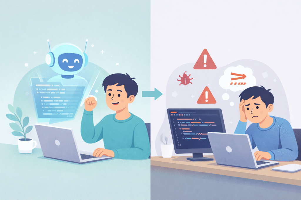 Impact on Developer Skills & Careers depicted as split scene of AI help versus struggling junior developer