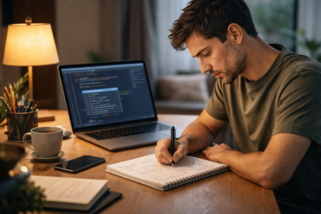 Impact on Developer Skills & Careers highlighting fundamentals vs AI coding in a focused developer workspace