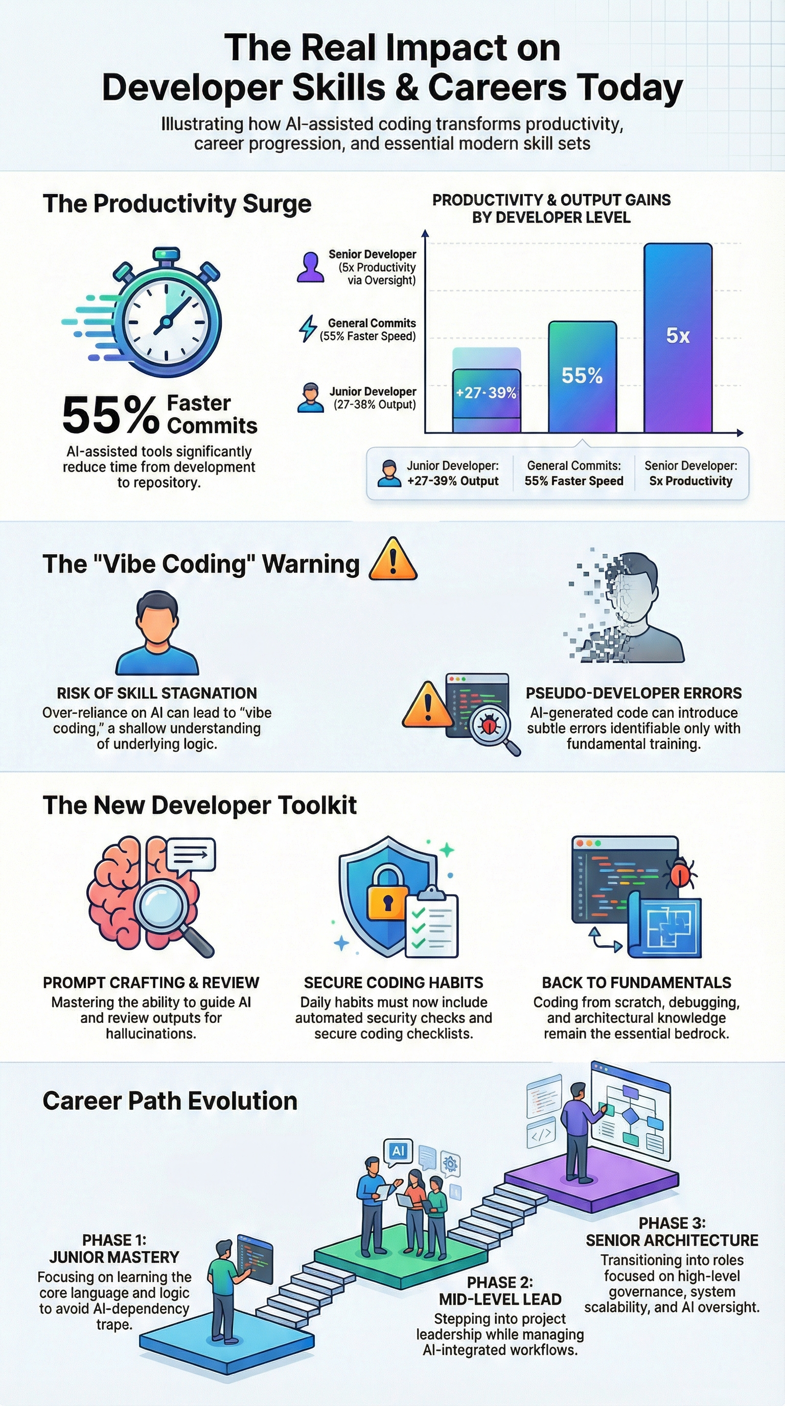 Impact on Developer Skills & Careers visual summary of AI productivity, skill shifts, and career evolution