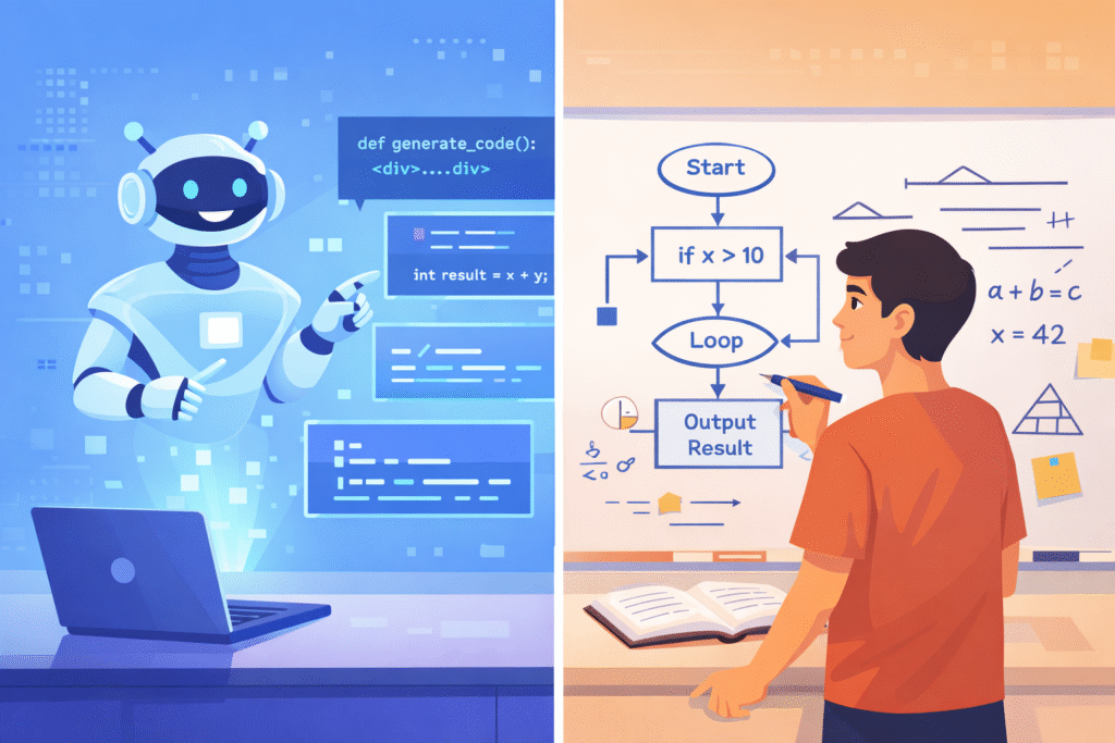 Is learning to code from scratch still necessary shown in split scene of AI coding fast and human solving logic