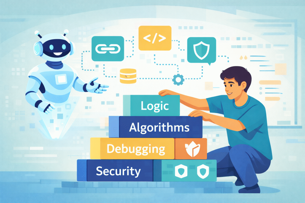 Is learning to code from scratch still necessary illustrated by coding foundations stacked beneath helpful AI assistant