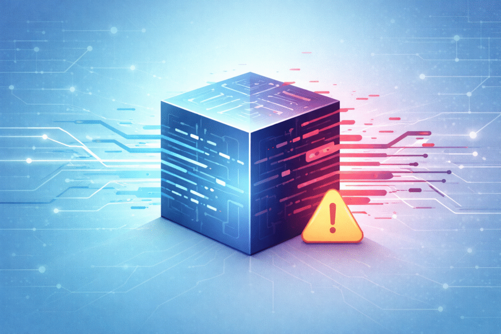 What happens when the AI gets stuck on a problem? Split AI core with glitch side and warning icon