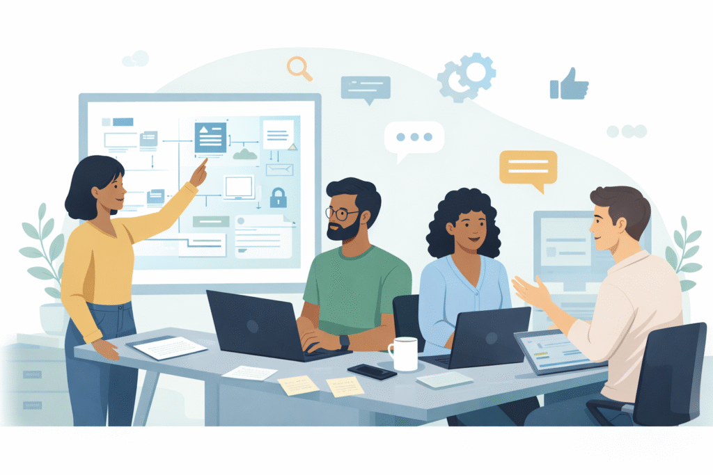 Team collaboration scene showing What New Skills Do Modern Programmers Need in hybrid developer teams