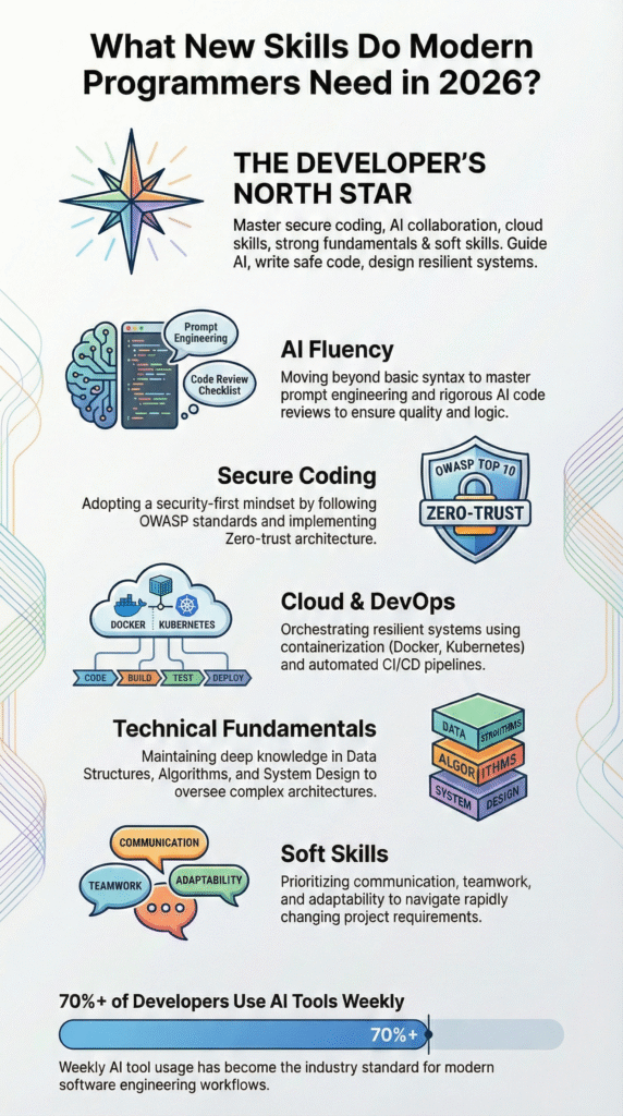 Skills overview graphic summarizing What New Skills Do Modern Programmers Need for future developers