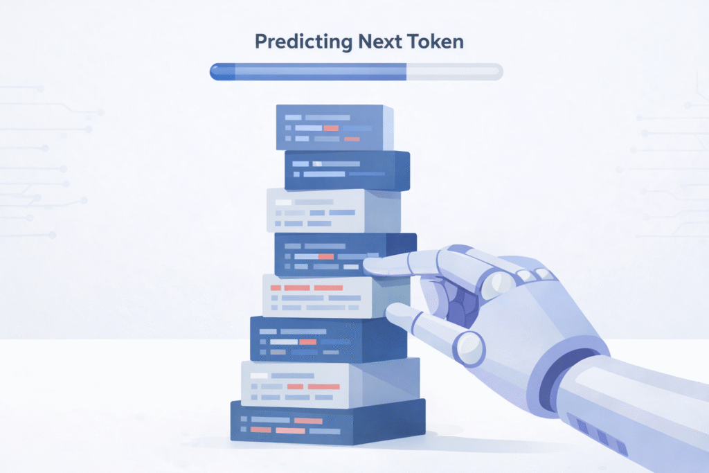 Visual of robotic hand building bulky code tower explaining why AI might produce inefficient code