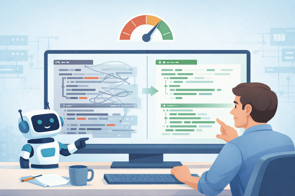 Split screen of messy and optimized code explaining why AI might produce inefficient code