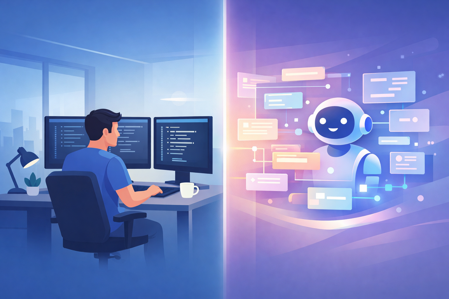 Will Vibe Coding Replace Software Developers split scene of human developer and AI coding assistant