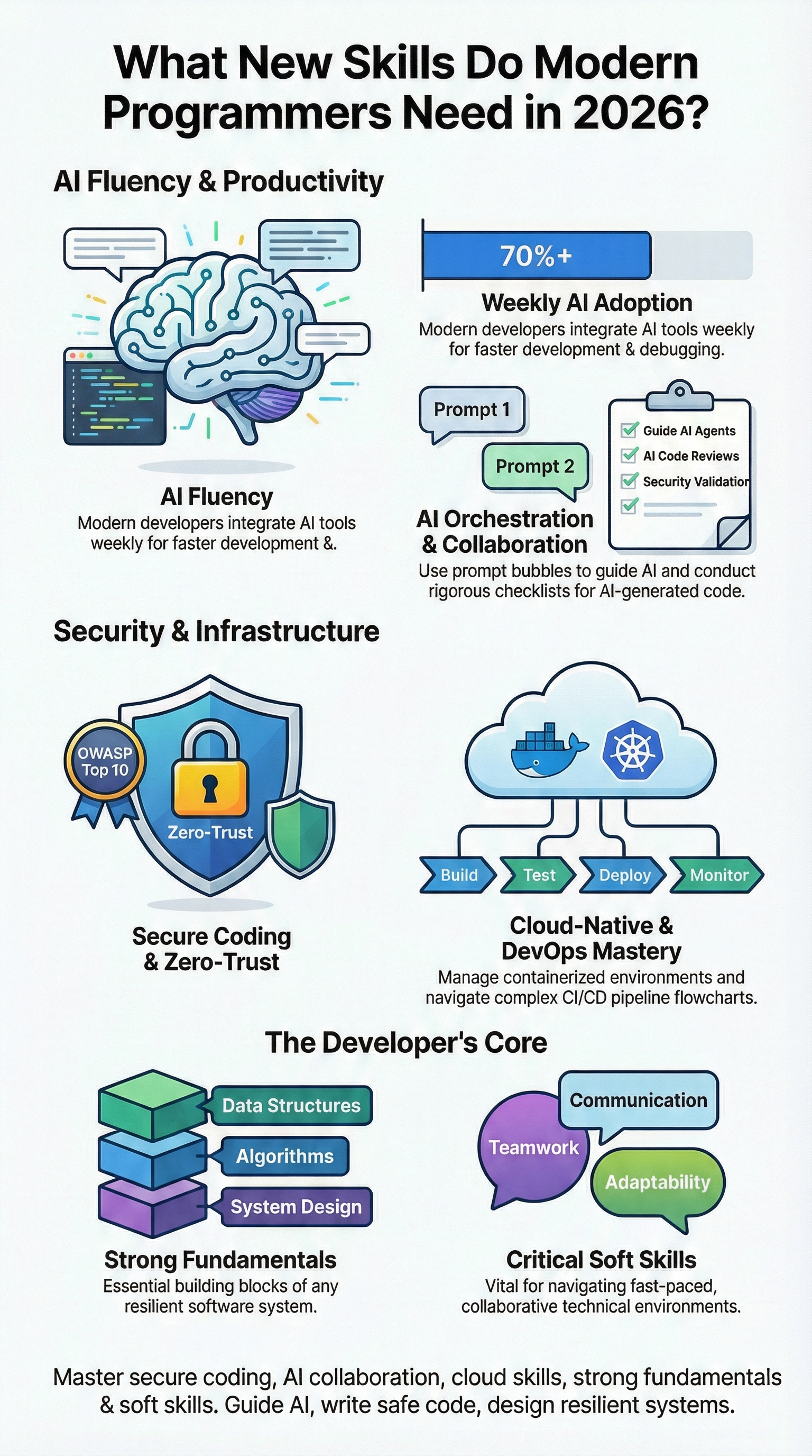 Will Vibe Coding Replace Software Developers infographic showing modern developer skills and AI future