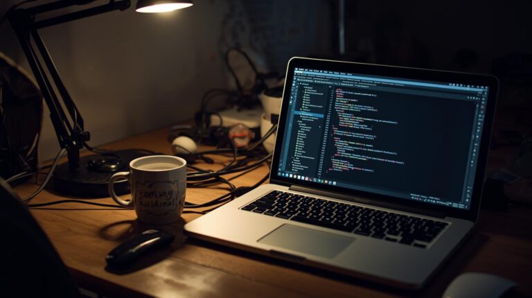 Laptop displaying code editor demonstrating how to build custom AI coding agents with coffee and desk lamp setup