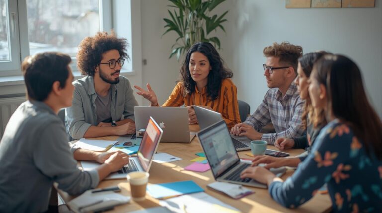 Team meeting discussing how to integrate vibe coding into an existing team with laptops and collaborative planning
