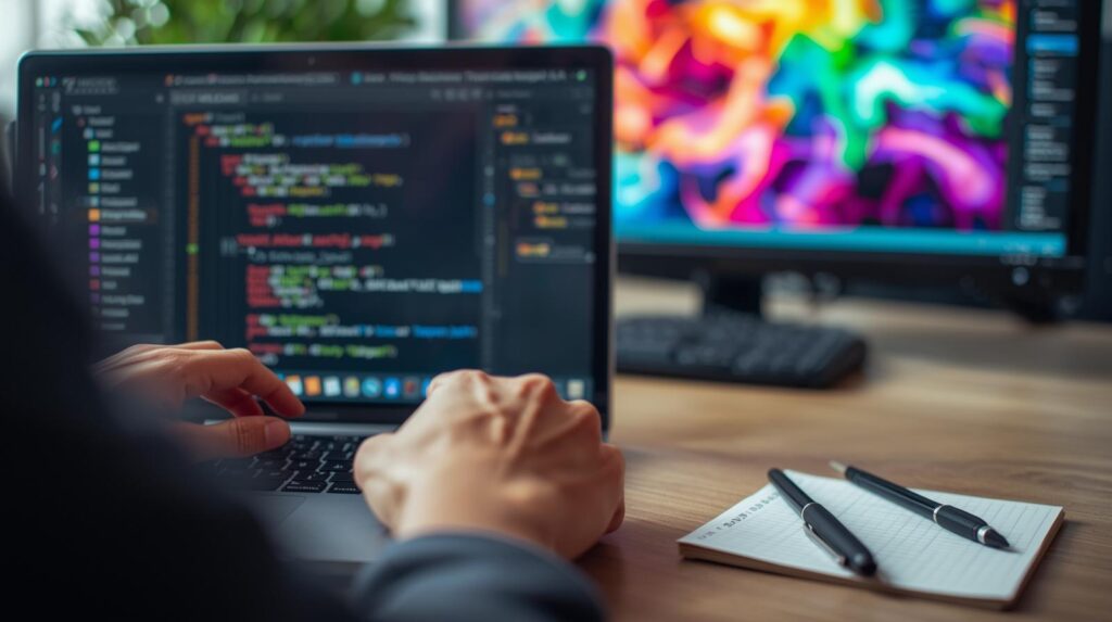Developer coding on laptop learning how to integrate vibe coding into an existing team with colorful monitor display