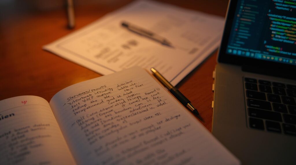 Notebook with strategic notes on how to integrate vibe coding into an existing team alongside laptop and documents