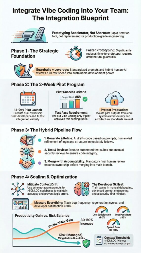 Infographic on how to integrate vibe coding into an existing team showing 4-phase blueprint and integration workflow