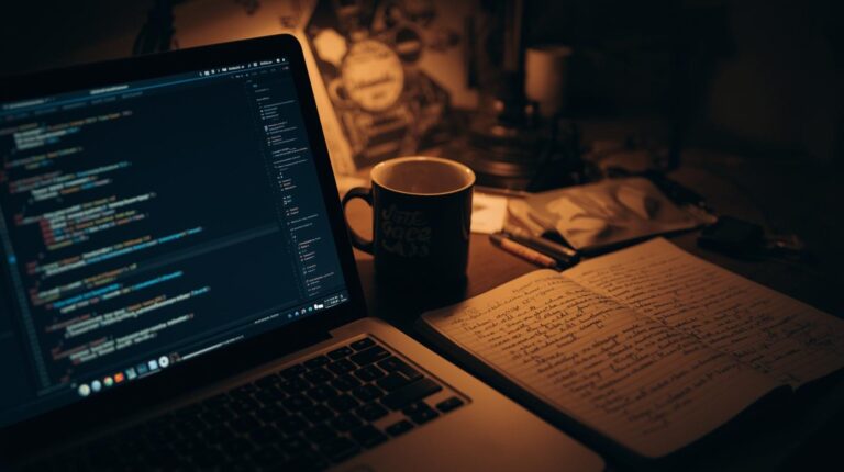Laptop displaying code with notebook showing how to maintain high code quality with AI development practices