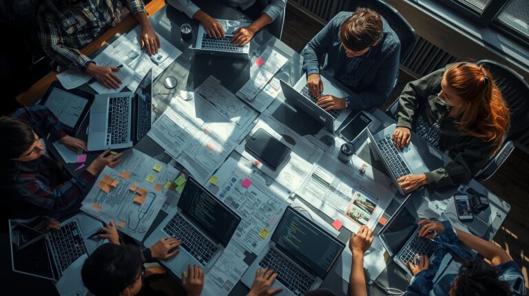 Development team collaborating on how to manage large-scale projects with vibe coding using laptops and documents