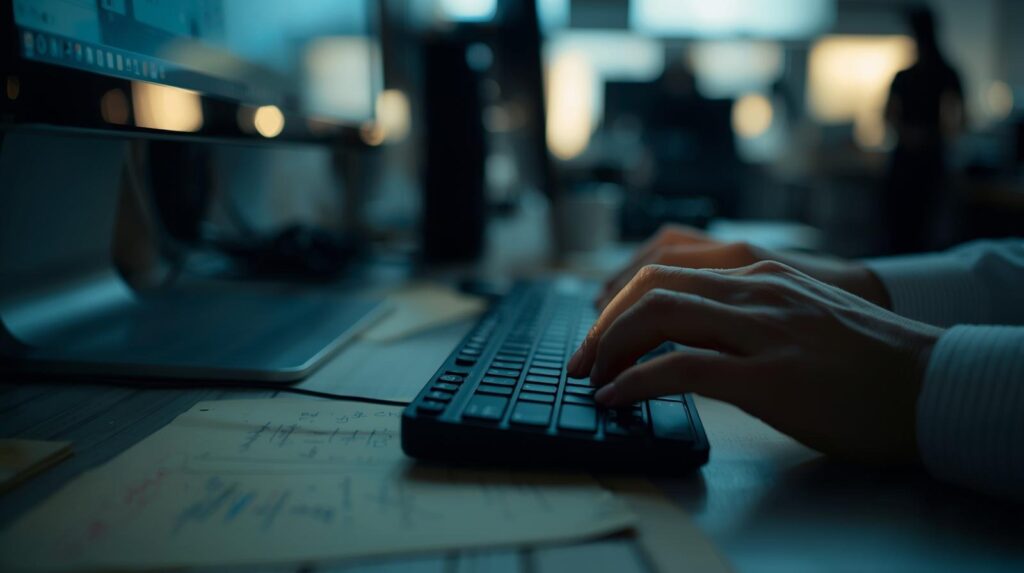 Professional typing on keyboard implementing Advanced Workflows and Strategies for software development projects