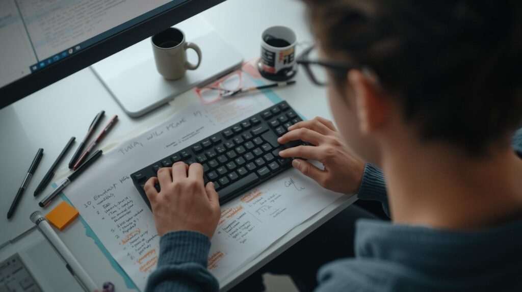 Developer typing while studying what are advanced AI refinement techniques with handwritten notes and workspace