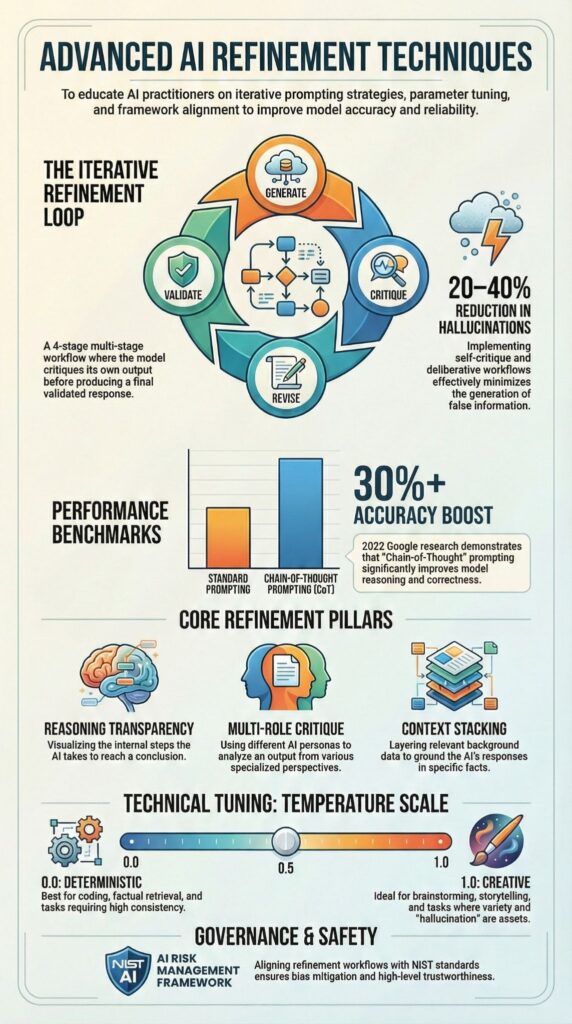 Infographic explaining what are advanced AI refinement techniques with iterative loops and performance benchmarks