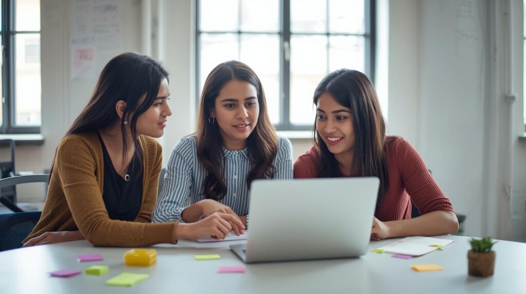 Three professionals learning how to maintain high code quality with AI through collaborative laptop code review