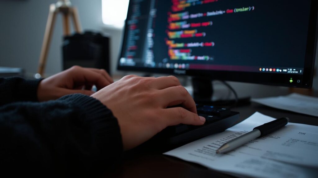 Developer coding on monitor demonstrating how to maintain high code quality with AI using automated testing tools